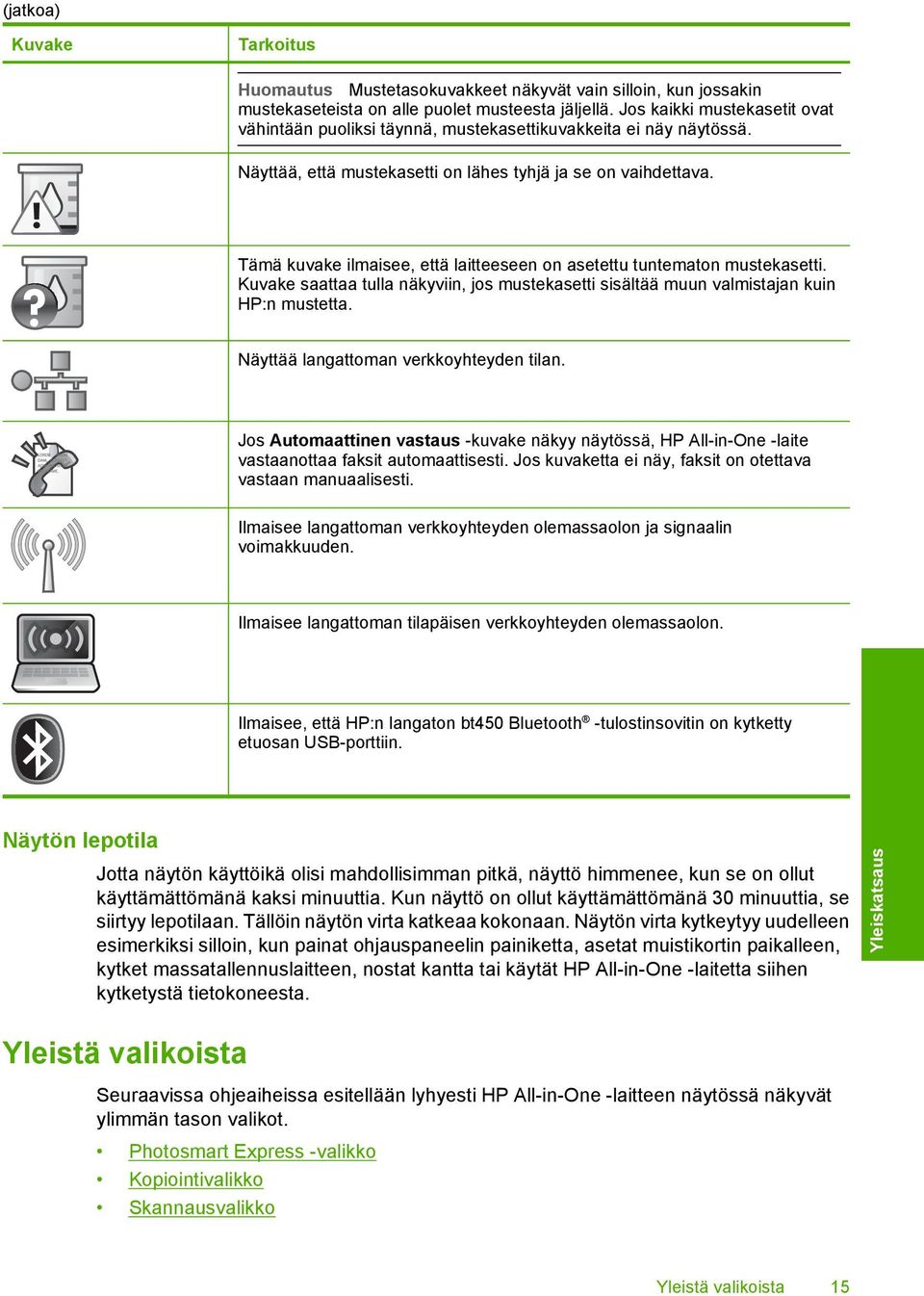 Tämä kuvake ilmaisee, että laitteeseen on asetettu tuntematon mustekasetti. Kuvake saattaa tulla näkyviin, jos mustekasetti sisältää muun valmistajan kuin HP:n mustetta.