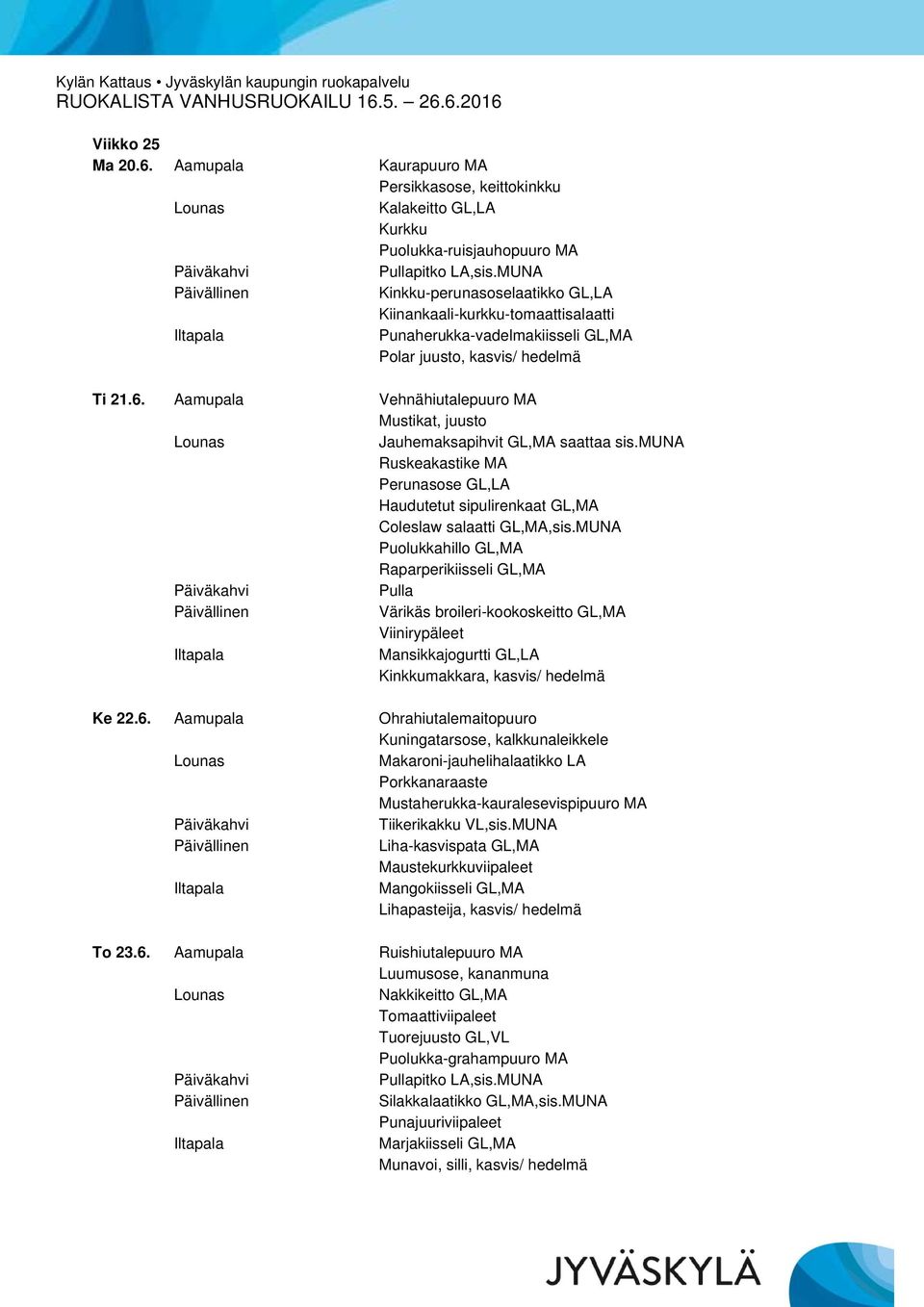 Polar juusto, kasvis/ hedelmä Ti 21.6. Aamupala Vehnähiutalepuuro MA Mustikat, juusto Jauhemaksapihvit GL,MA saattaa sis.