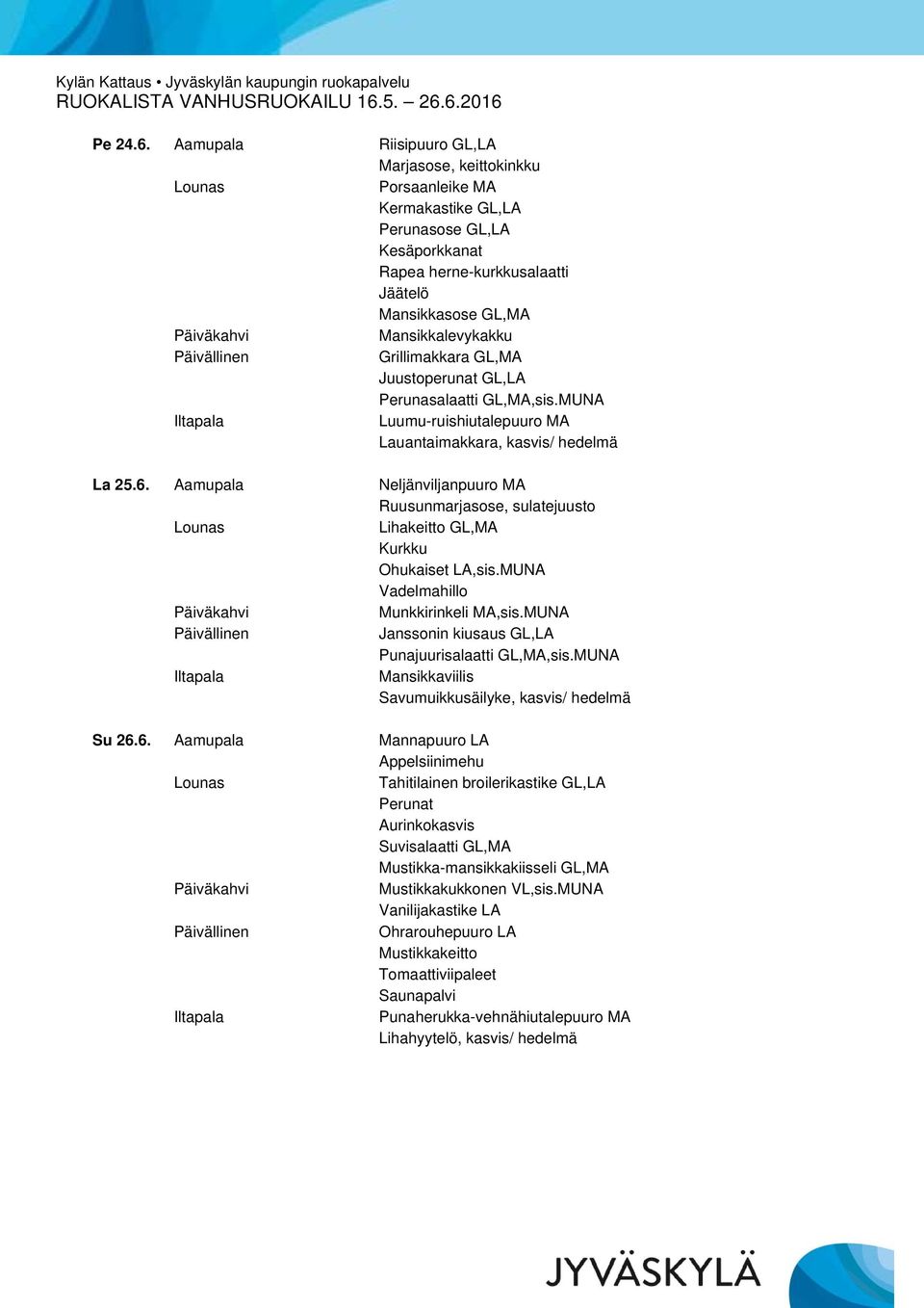 Grillimakkara GL,MA Juustoperunat GL,LA Perunasalaatti GL,MA,sis.MUNA Luumu-ruishiutalepuuro MA Lauantaimakkara, kasvis/ hedelmä La 25.6.