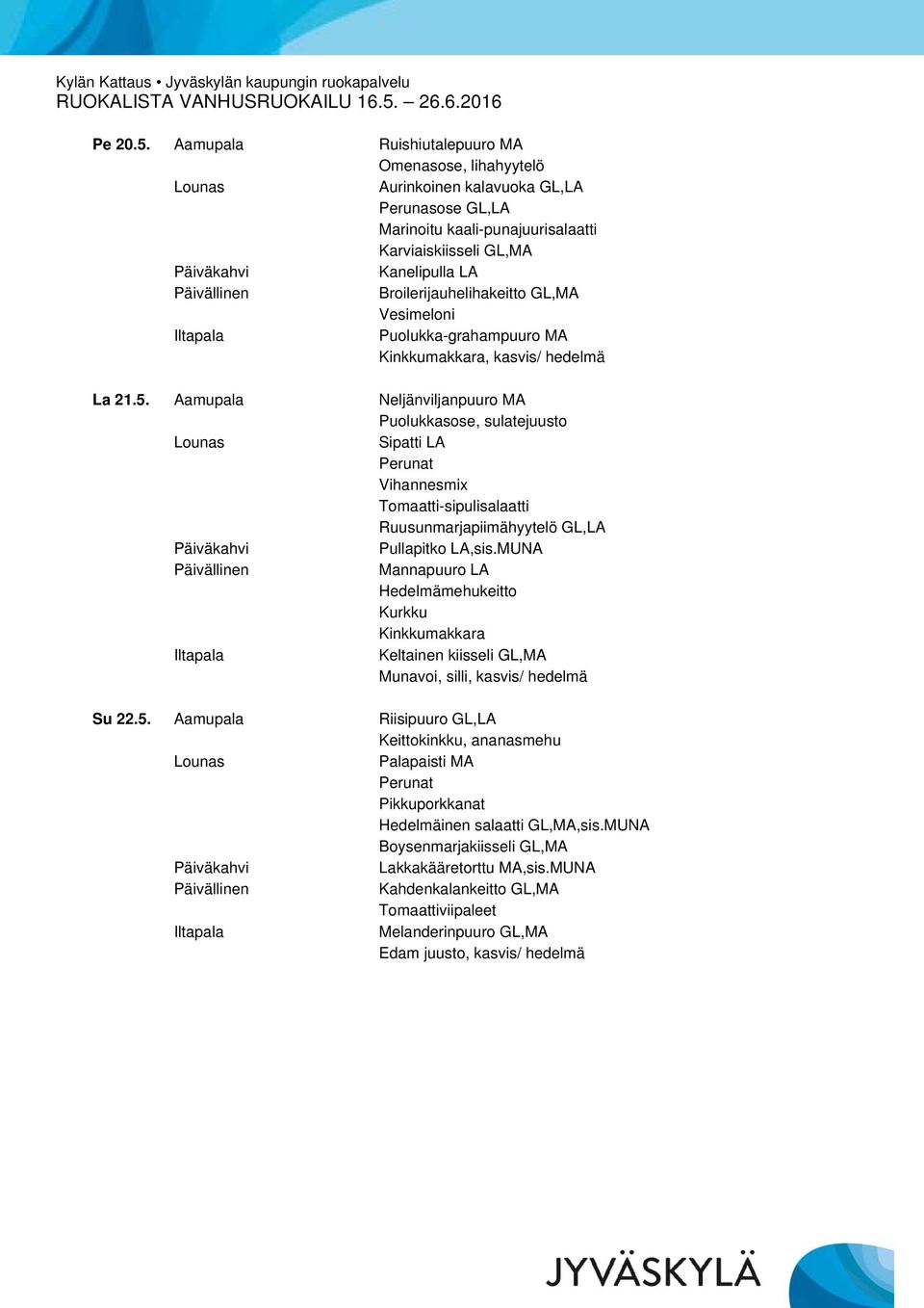 GL,MA Vesimeloni Puolukka-grahampuuro MA Kinkkumakkara, kasvis/ hedelmä La 21.5.