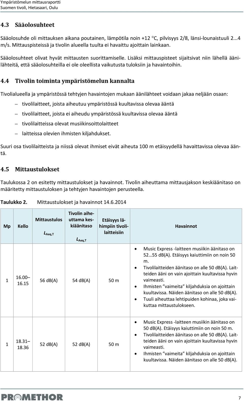 Lisäksi mittauspisteet sijaitsivat niin lähellä äänilähteitä, että sääolosuhteilla ei ole oleellista vaikutusta tuloksiin ja havaintoihin. 4.