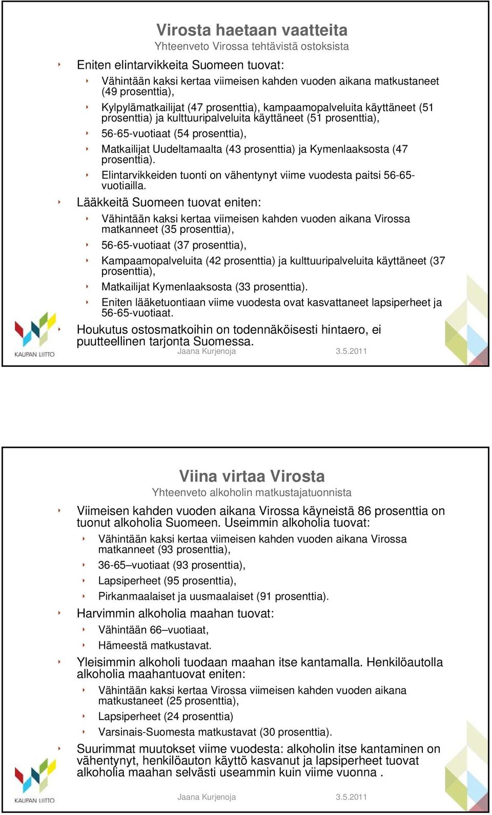 prosenttia) ja Kymenlaaksosta (47 prosenttia). Elintarvikkeiden tuonti on vähentynyt viime vuodesta paitsi 56-65- vuotiailla.