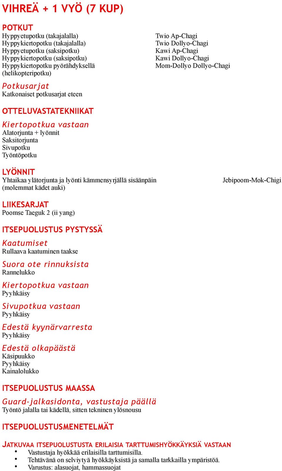 Saksitorjunta Sivupotku Työntöpotku LYÖNNIT Yhtaikaa ylätorjunta ja lyönti kämmensyrjällä sisäänpäin (molemmat kädet auki) Jebipoom-Mok-Chigi LIIKESARJAT Poomse Taeguk 2 (ii yang) ITSEPUOLUSTUS