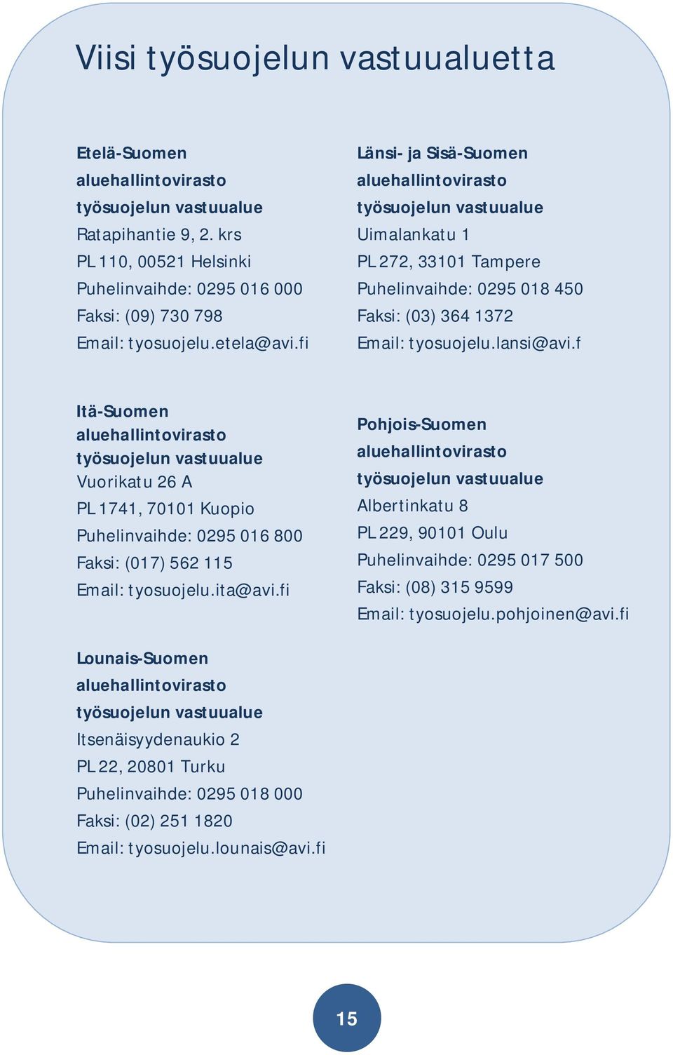 f Itä-Suomen aluehallintovirasto työsuojelun vastuualue Vuorikatu 26 A PL 1741, 70101 Kuopio Puhelinvaihde: 0295 016 800 Faksi: (017) 562 115 Email: tyosuojelu.ita@avi.