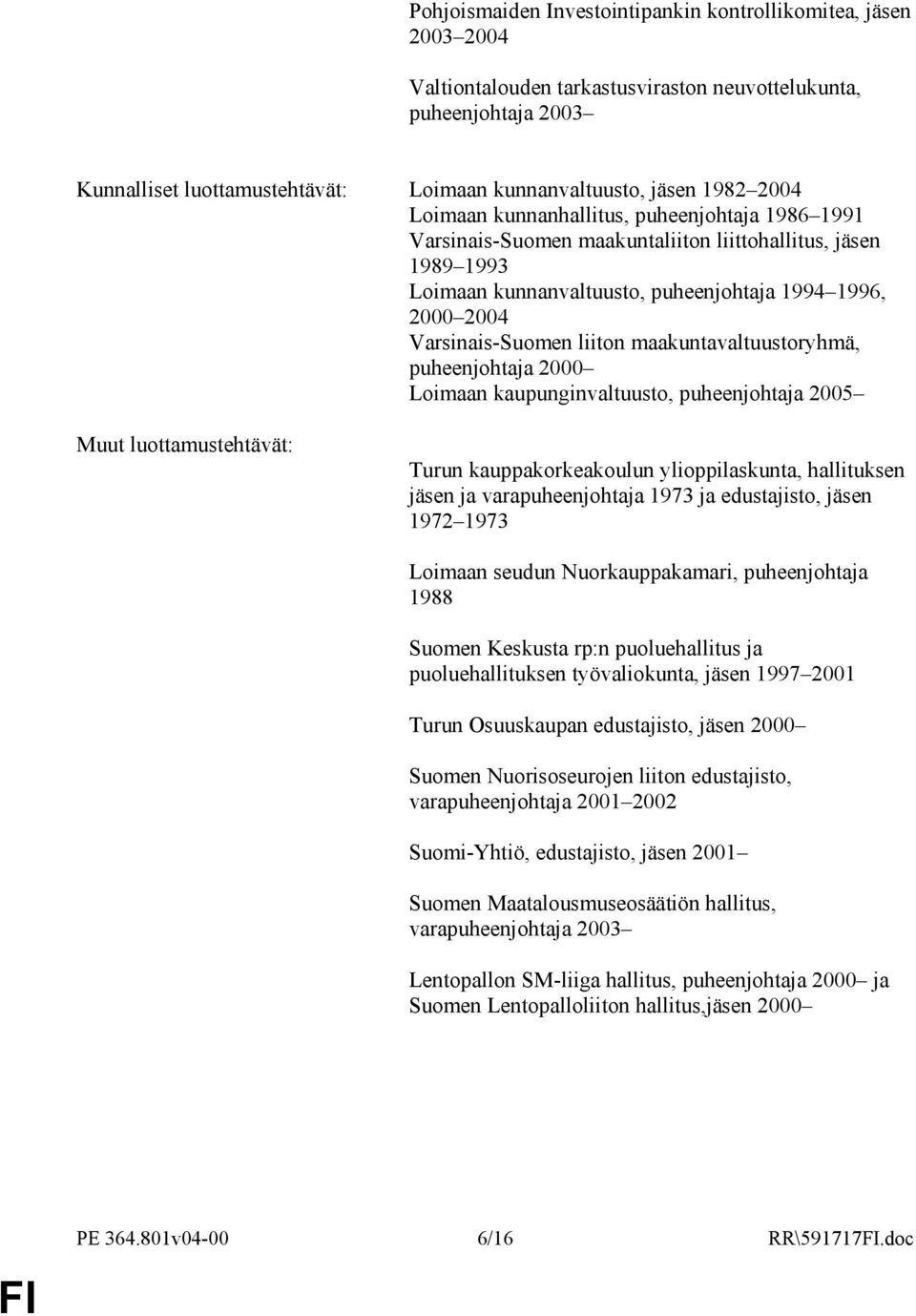 liiton maakuntavaltuustoryhmä, puheenjohtaja 2000 Loimaan kaupunginvaltuusto, puheenjohtaja 2005 Muut luottamustehtävät: Turun kauppakorkeakoulun ylioppilaskunta, hallituksen jäsen ja
