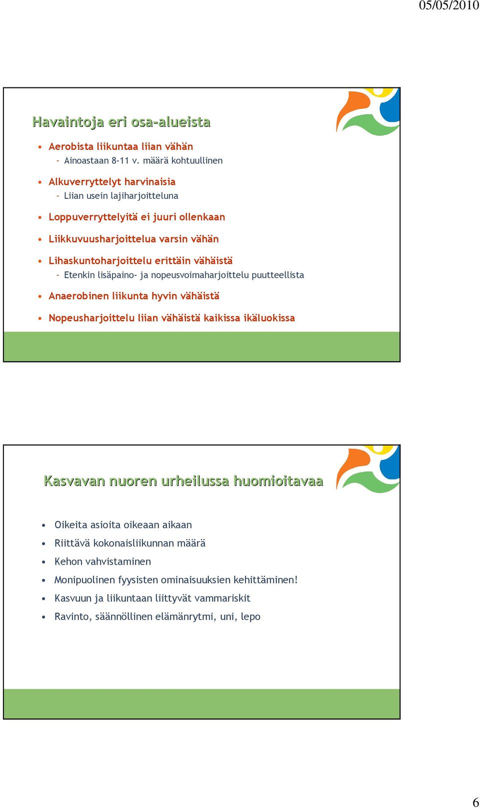 erittäin vähäistä Etenkin lisäpaino- ja nopeusvoimaharjoittelu puutteellista Anaerobinen liikunta hyvin vähäistä Nopeusharjoittelu liian vähäistä kaikissa ikäluokissa