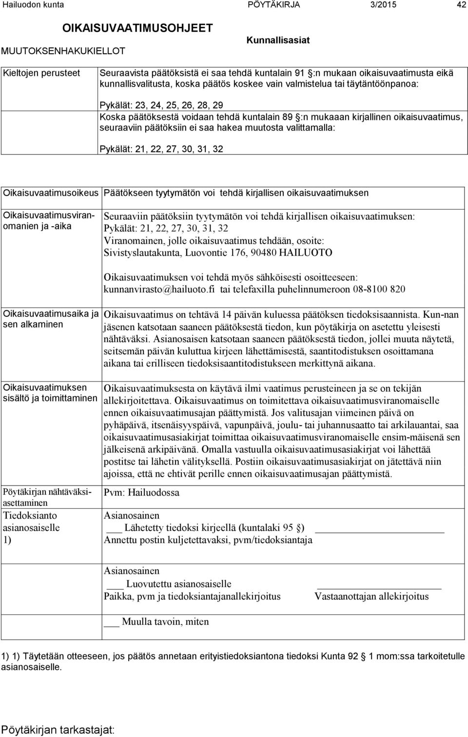 seuraaviin päätöksiin ei saa hakea muutosta valittamalla: Pykälät: 21, 22, 27, 30, 31, 32 Oikaisuvaatimusoikeus Päätökseen tyytymätön voi tehdä kirjallisen oikaisuvaatimuksen