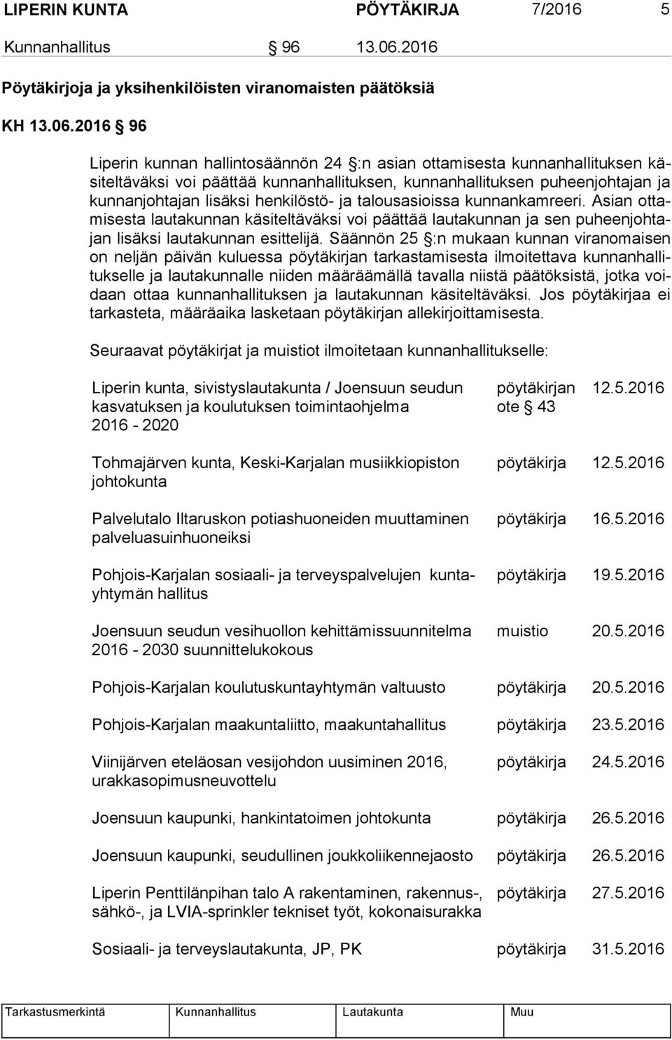 2016 96 Liperin kunnan hallintosäännön 24 :n asian ottamisesta kunnanhal lituksen käsiteltäväksi voi päättää kunnanhallituksen, kunnanhallituksen puheen johtajan ja kun nan joh ta jan lisäksi hen