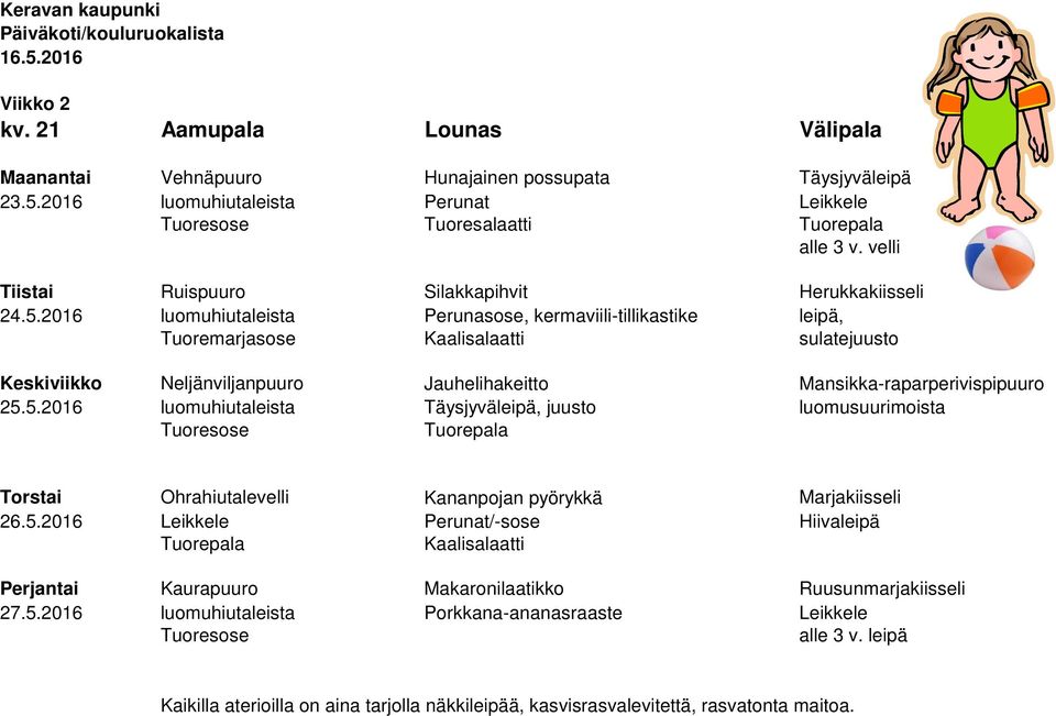 2016 luomuhiutaleista Perunasose, kermaviili-tillikastike leipä, Tuoremarjasose sulatejuusto Keskiviikko Neljänviljanpuuro Jauhelihakeitto