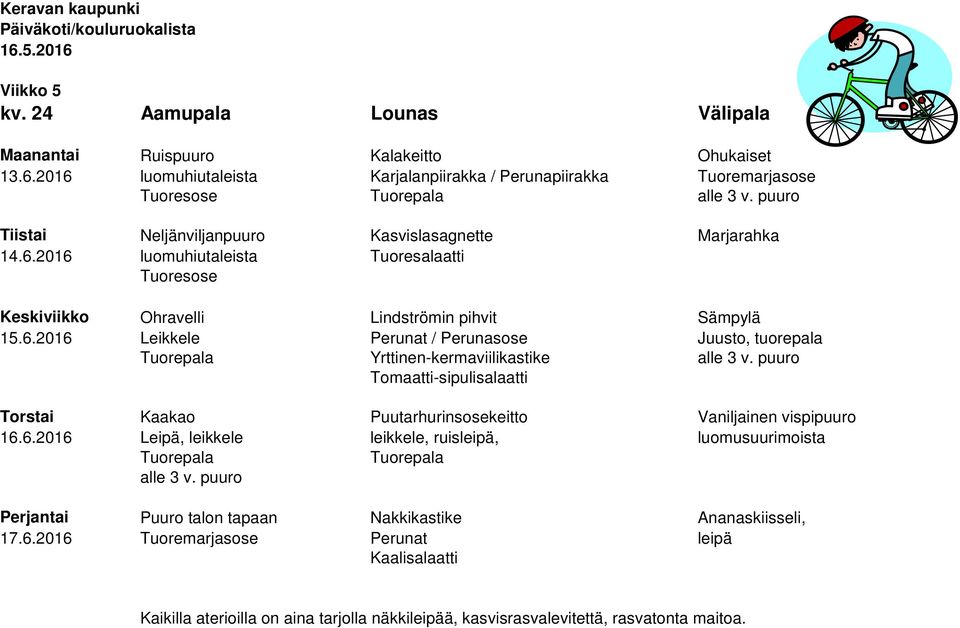 6.2016 Leikkele Perunat / Perunasose Juusto, tuorepala Yrttinen-kermaviilikastike Tomaatti-sipulisalaatti Torstai Kaakao Puutarhurinsosekeitto Vaniljainen