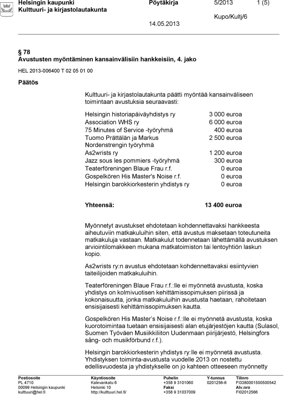 Prättälän ja Markus 2 50 Nordenstrengin työryhmä 1 20 30 Helsingin barokkiorkesterin yhdistys ry Yhteensä: 13 40 Myönnetyt avustukset ehdotetaan kohdennettavaksi hankkeesta aiheutuviin matkakuluihin