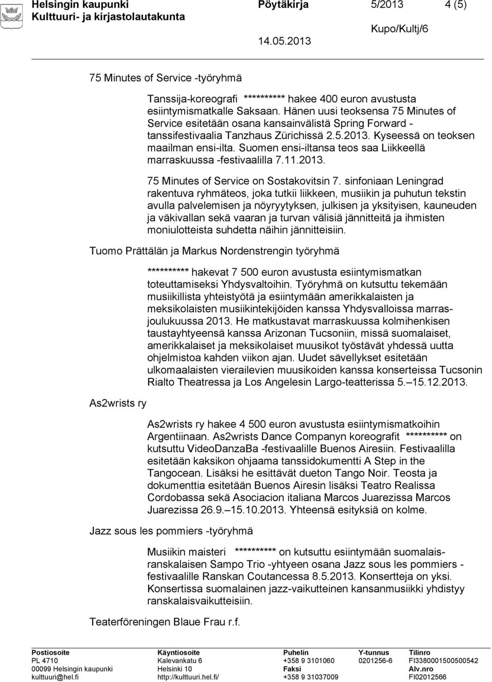 Suomen ensi-iltansa teos saa Liikkeellä marraskuussa -festivaalilla 7.11.2013. 75 Minutes of Service on Sostakovitsin 7.