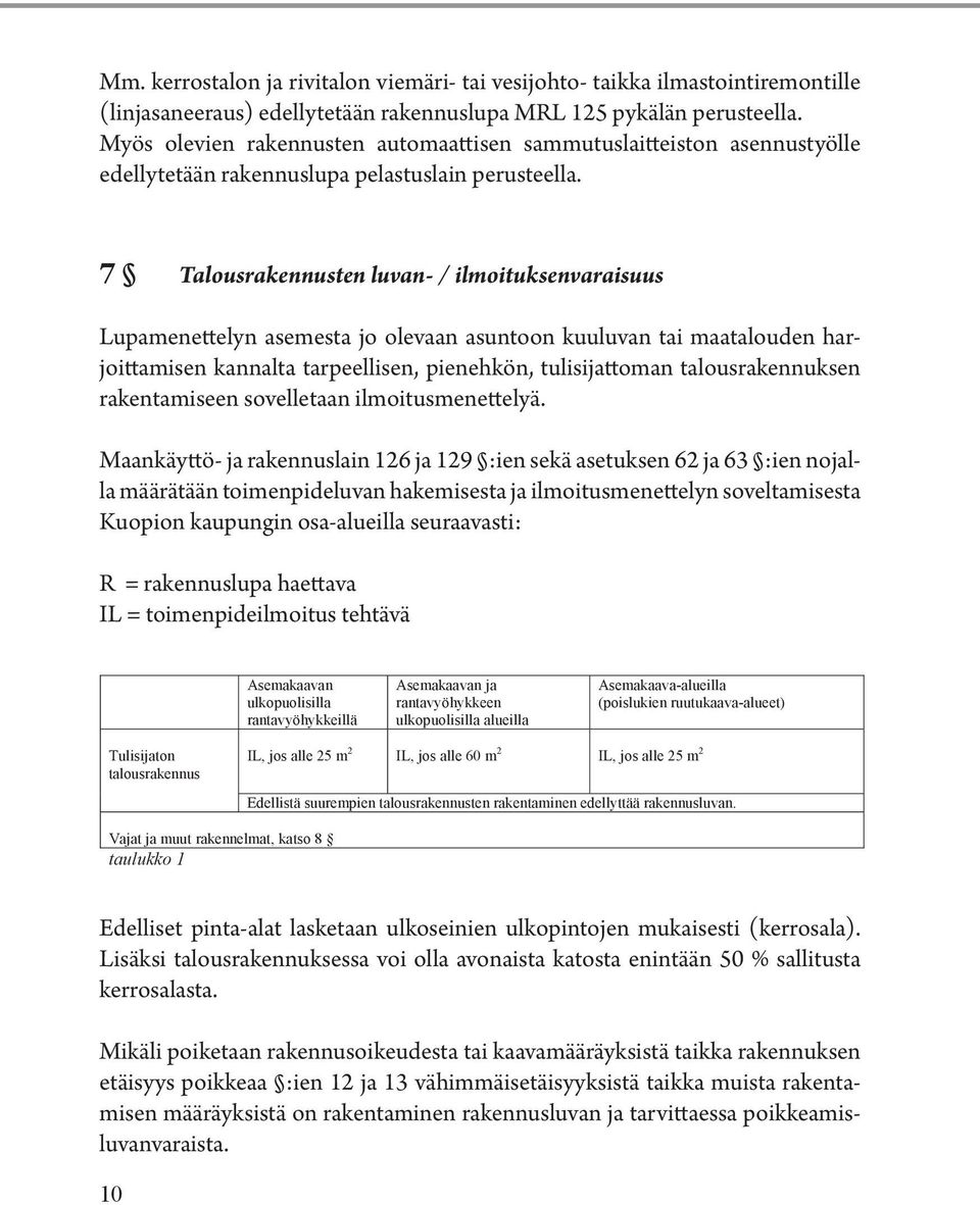 7 Talousrakennusten luvan- / ilmoituksenvaraisuus Lupamenettelyn asemesta jo olevaan asuntoon kuuluvan tai maatalouden harjoittamisen kannalta tarpeellisen, pienehkön, tulisijattoman