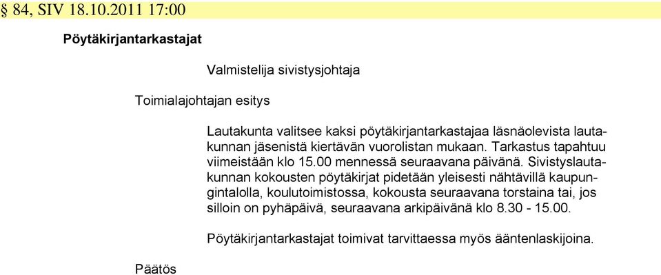 läsnäolevista lautakunnan jäsenistä kiertävän vuorolistan mukaan. Tarkastus tapahtuu viimeistään klo 15.00 mennessä seuraavana päivänä.