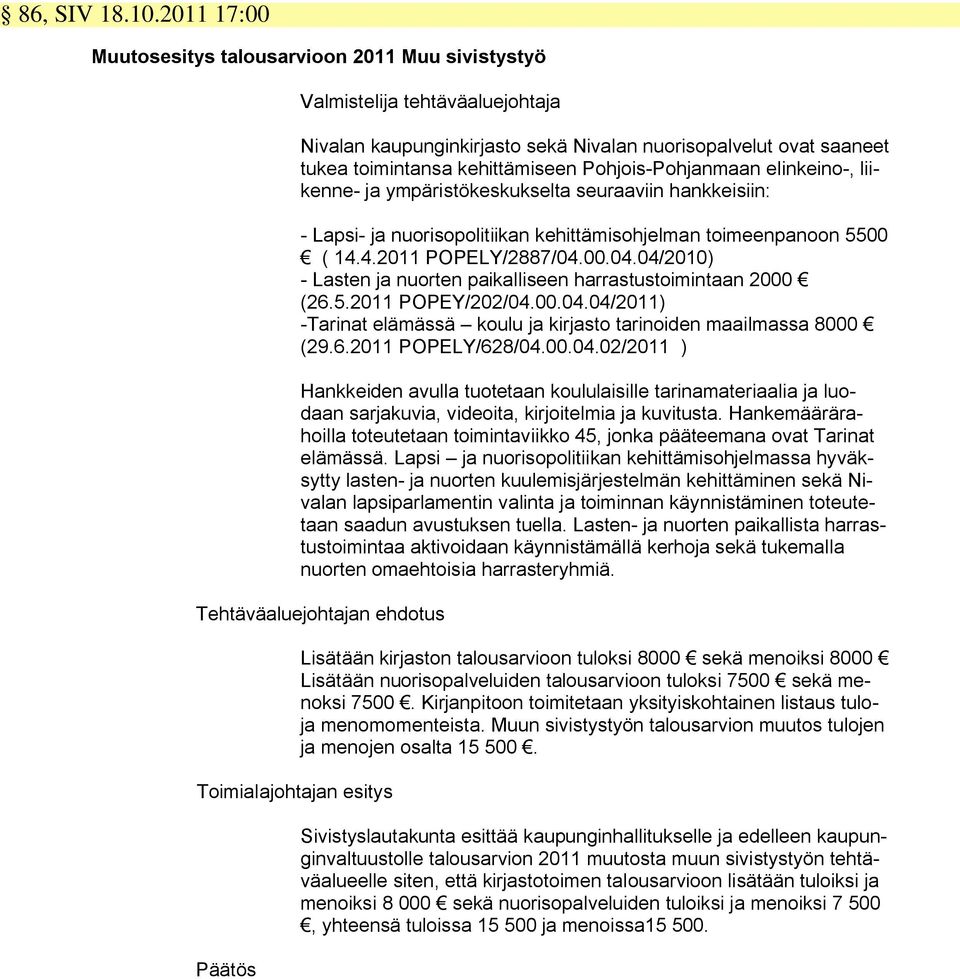 Pohjois-Pohjanmaan elinkeino-, liikenne- ja ympäristökeskukselta seuraaviin hankkeisiin: - Lapsi- ja nuorisopolitiikan kehittämisohjelman toimeenpanoon 5500 ( 14.4.2011 POPELY/2887/04.