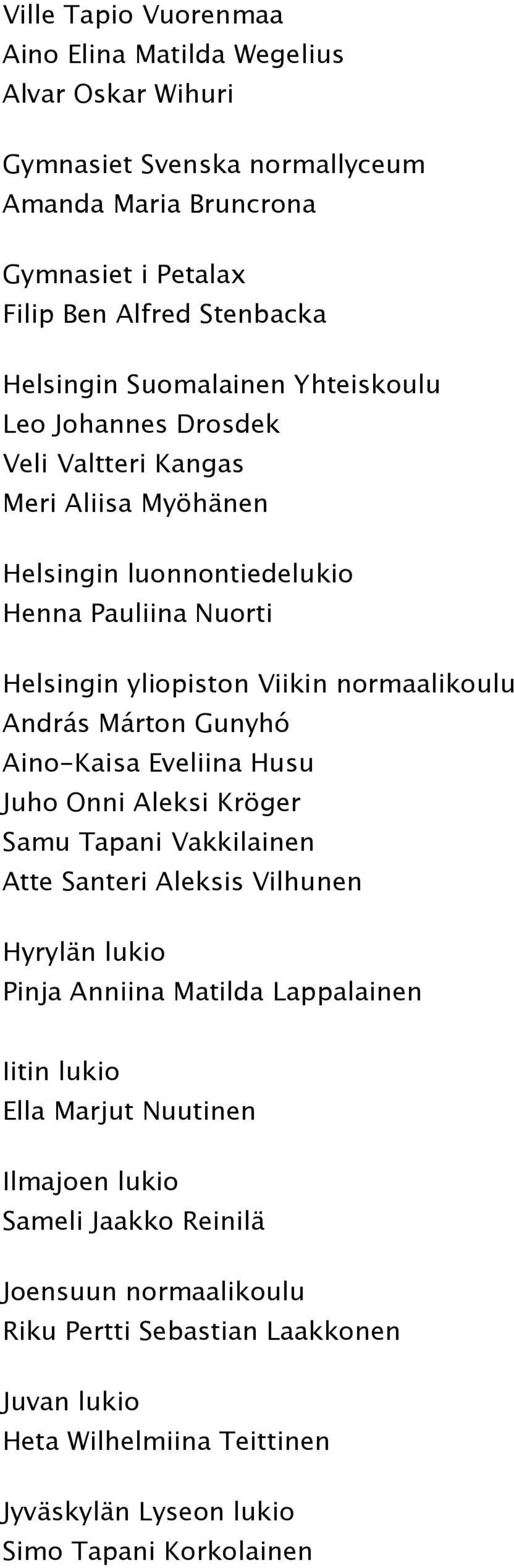 Márton Gunyhó Aino-Kaisa Eveliina Husu Juho Onni Aleksi Kröger Samu Tapani Vakkilainen Atte Santeri Aleksis Vilhunen Hyrylän lukio Pinja Anniina Matilda Lappalainen Iitin lukio Ella