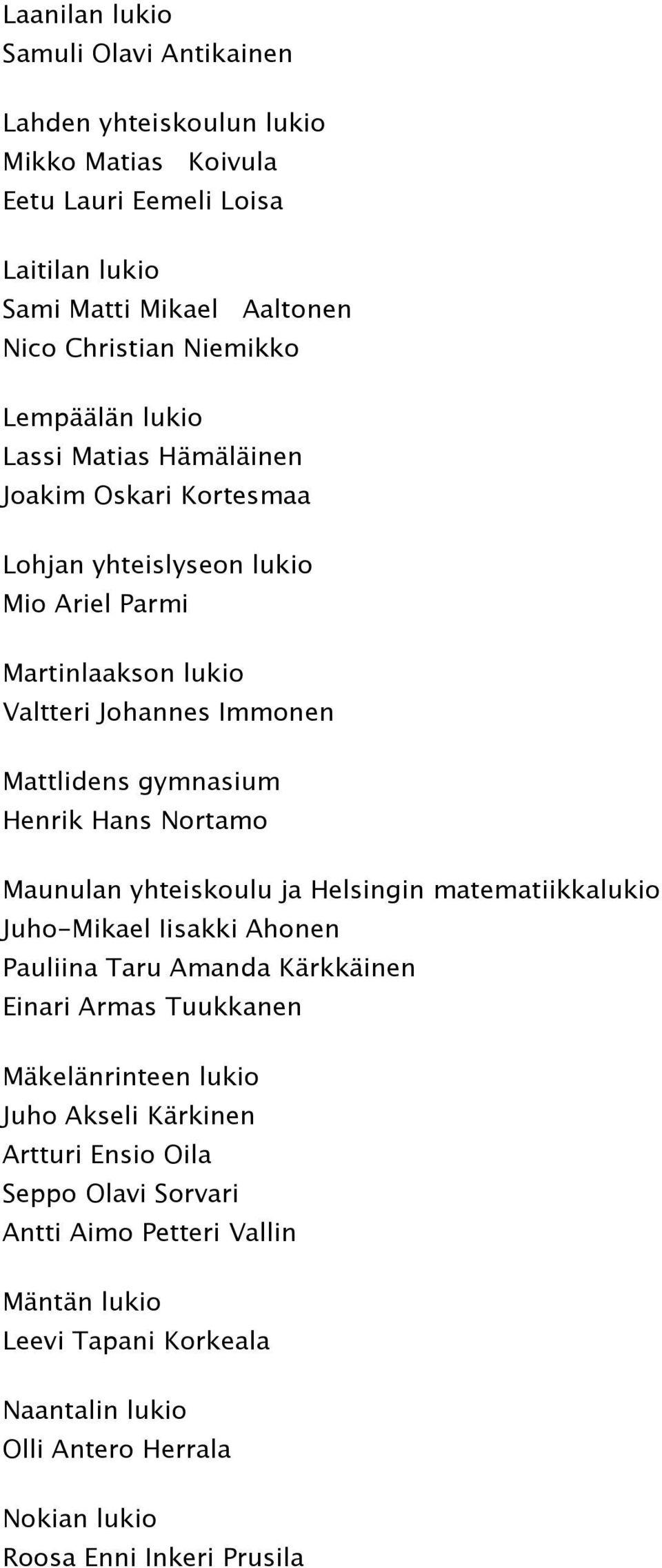 Hans Nortamo Maunulan yhteiskoulu ja Helsingin matematiikkalukio Juho-Mikael Iisakki Ahonen Pauliina Taru Amanda Kärkkäinen Einari Armas Tuukkanen Mäkelänrinteen lukio Juho Akseli