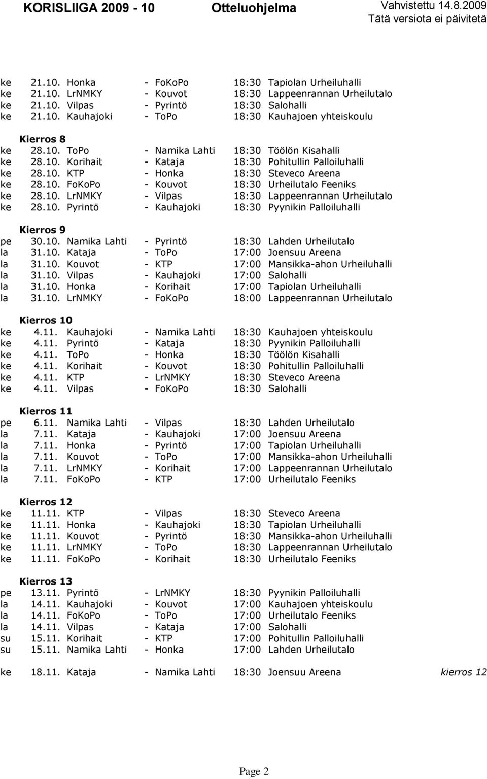 10. LrNMKY - Vilpas 18:30 Lappeenrannan Urheilutalo ke 28.10. Pyrintö - Kauhajoki 18:30 Pyynikin Palloiluhalli Kierros 9 pe 30.10. Namika Lahti - Pyrintö 18:30 Lahden Urheilutalo la 31.10. Kataja - ToPo 17:00 Joensuu Areena la 31.