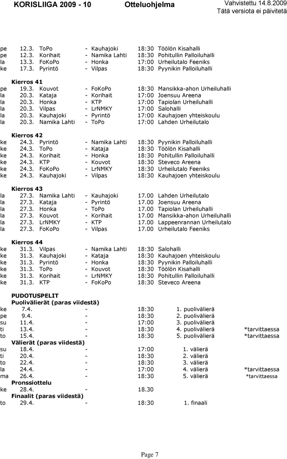 3. Namika Lahti - ToPo 17:00 Lahden Urheilutalo Kierros 42 ke 24.3. Pyrintö - Namika Lahti 18:30 Pyynikin Palloiluhalli ke 24.3. ToPo - Kataja 18:30 Töölön Kisahalli ke 24.3. Korihait - Honka 18:30 Pohitullin Palloiluhalli ke 24.