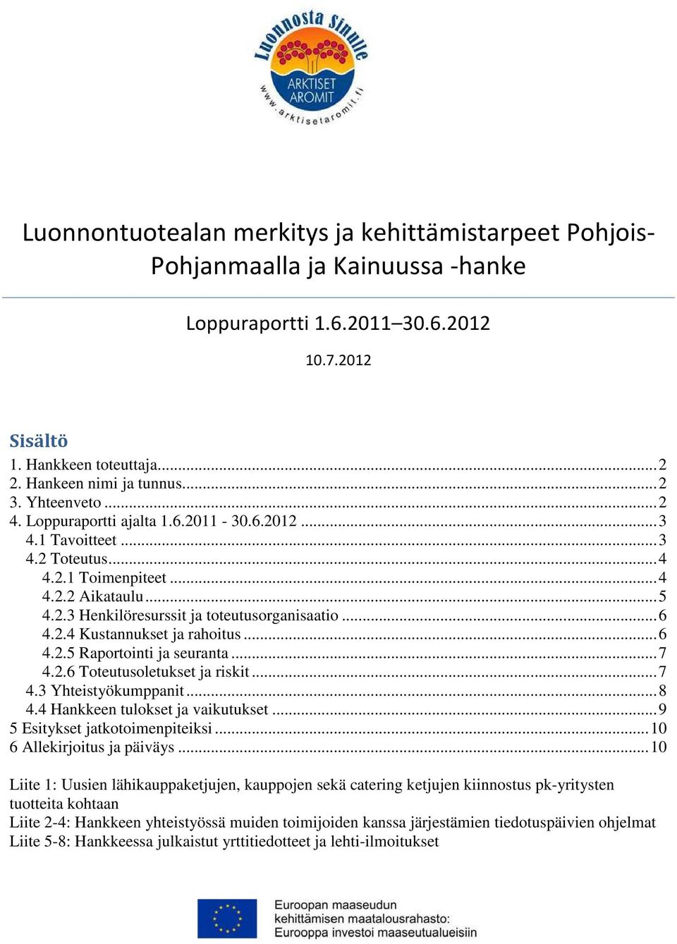 .. 7 4.2.6 Toteutusoletukset ja riskit... 7 4.3 Yhteistyökumppanit... 8 4.4 Hankkeen tulokset ja vaikutukset... 9 5 Esitykset jatkotoimenpiteiksi... 10 6 Allekirjoitus ja päiväys.