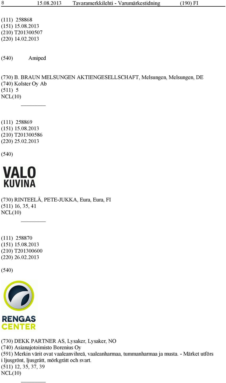 2013 (730) RINTEELÄ, PETE-JUKKA, Eura, Eura, FI (511) 16, 35, 41 (111) 258870 (210) T201300600 (220) 26.02.
