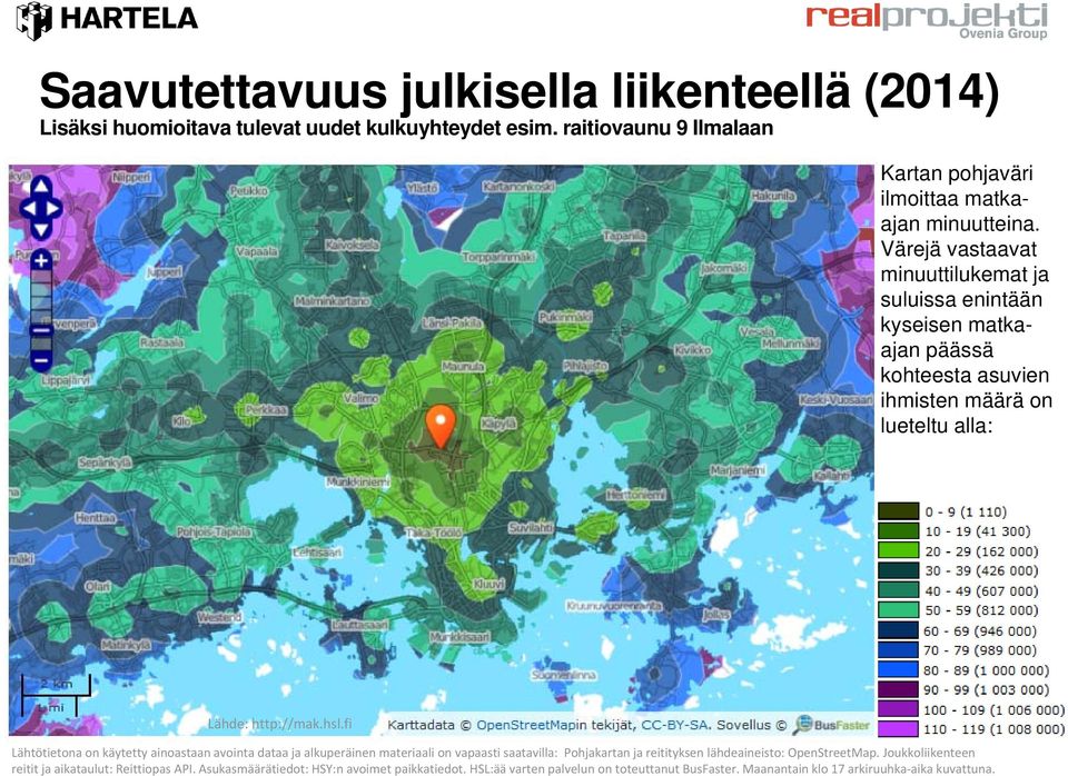 Värejä vastaavat minuuttilukemat ja suluissa enintään kyseisen matkaajan päässä kohteesta asuvien ihmisten määrä on lueteltu alla: Lähde: http://mak.hsl.