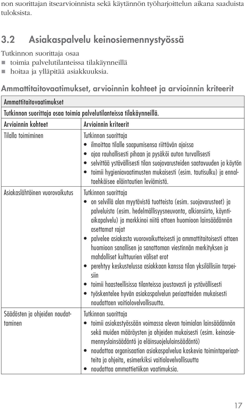 Ammattitaitovaatimukset, arvioinnin kohteet ja arvioinnin kriteerit Ammattitaitovaatimukset osaa toimia palvelutilanteissa tilakäynneillä.