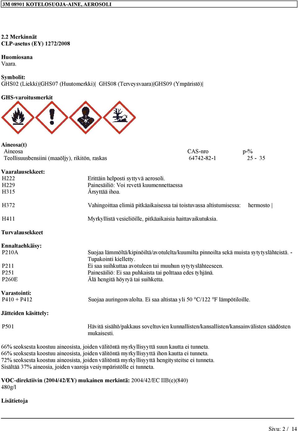 H315 Erittäin helposti syttyvä aerosoli. Painesäiliö: Voi revetä kuumennettaessa Ärsyttää ihoa.