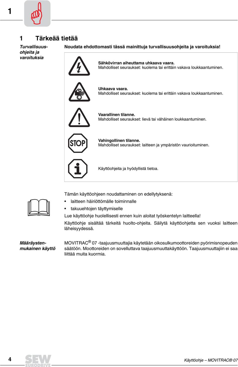 Mahdolliset seuraukset: lievä tai vähäinen loukkaantuminen. Vahingollinen tilanne. Mahdolliset seuraukset: laitteen ja ympäristön vaurioituminen. Käyttöohjeita ja hyödyllistä tietoa.