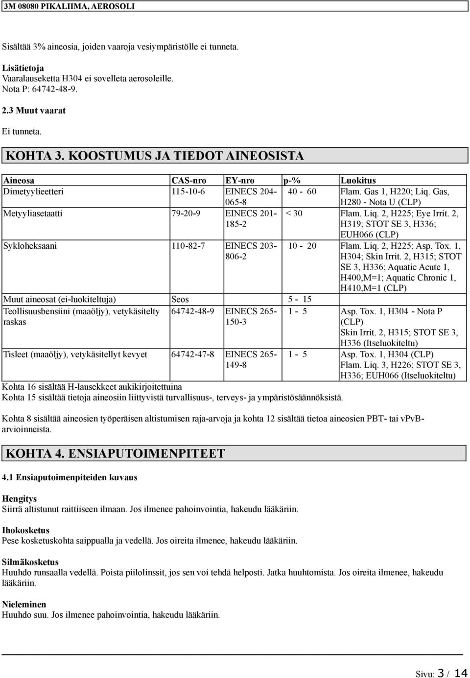 Gas, H280 - Nota U (CLP) Metyylasetaatt 79-20-9 EINECS 201-185-2 < 30 Flam. Lq. 2, H225; Eye Irrt.