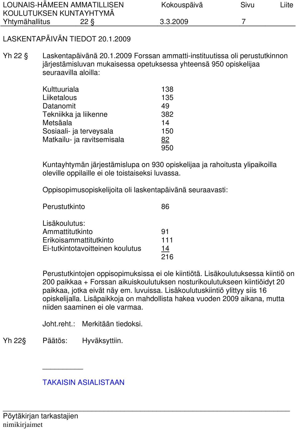 2009 Forssan ammatti-instituutissa oli perustutkinnon järjestämisluvan mukaisessa opetuksessa yhteensä 950 opiskelijaa seuraavilla aloilla: Kulttuuriala 138 Liiketalous 135 Datanomit 49 Tekniikka ja