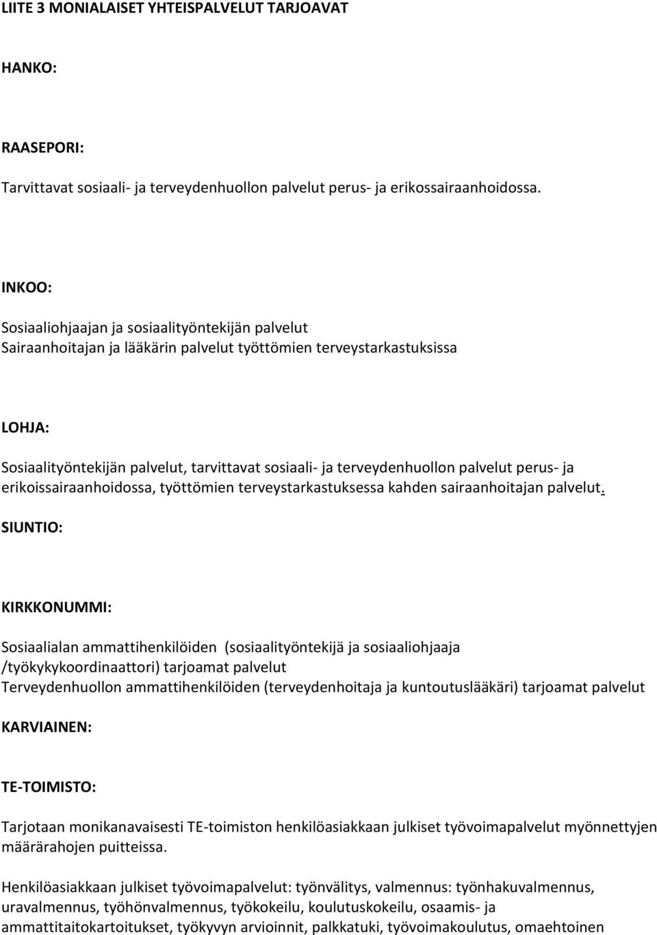 terveydenhuollon palvelut perus- ja erikoissairaanhoidossa, työttömien terveystarkastuksessa kahden sairaanhoitajan palvelut.