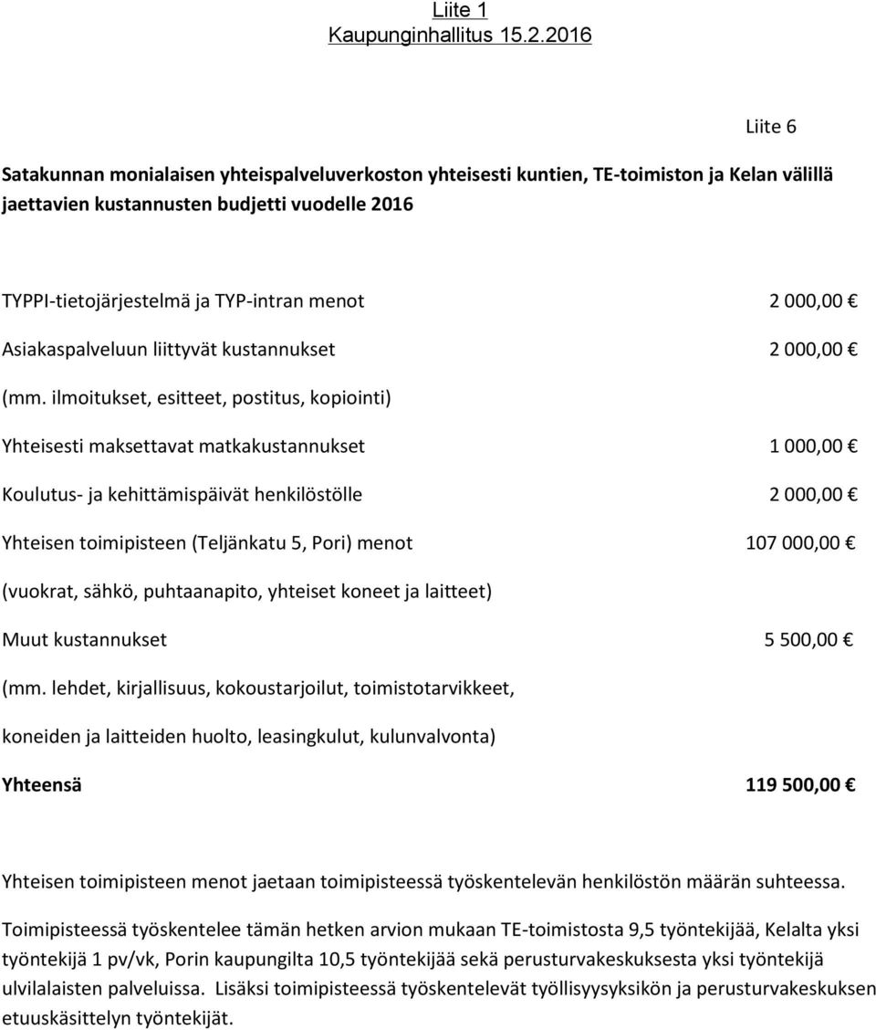 ilmoitukset, esitteet, postitus, kopiointi) Yhteisesti maksettavat matkakustannukset 1 000,00 Koulutus- ja kehittämispäivät henkilöstölle 2 000,00 Yhteisen toimipisteen (Teljänkatu 5, Pori) menot 107