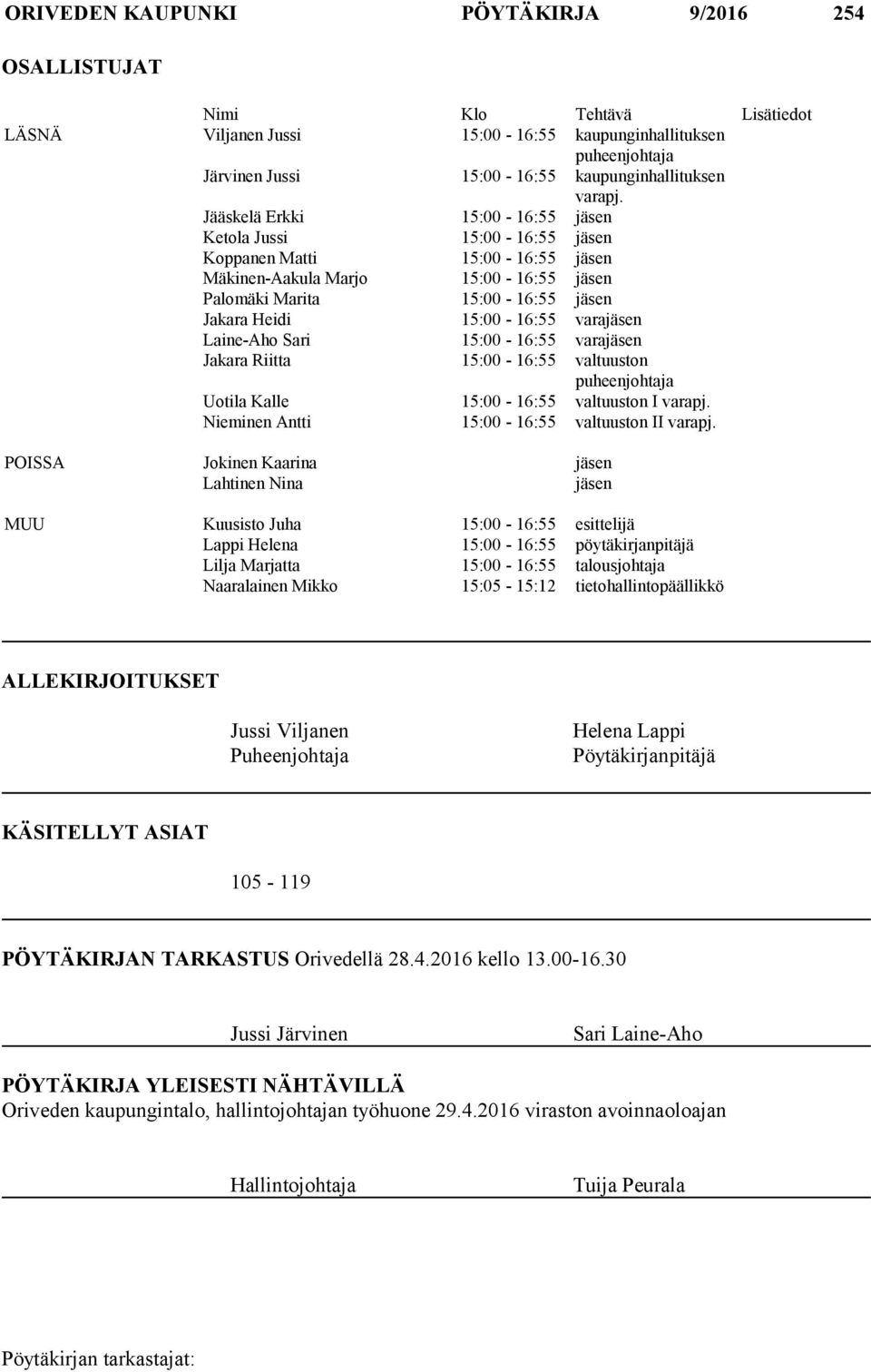 Jääskelä Erkki 15:00-16:55 jäsen Ketola Jussi 15:00-16:55 jäsen Koppanen Matti 15:00-16:55 jäsen Mäkinen-Aakula Marjo 15:00-16:55 jäsen Palomäki Marita 15:00-16:55 jäsen Jakara Heidi 15:00-16:55
