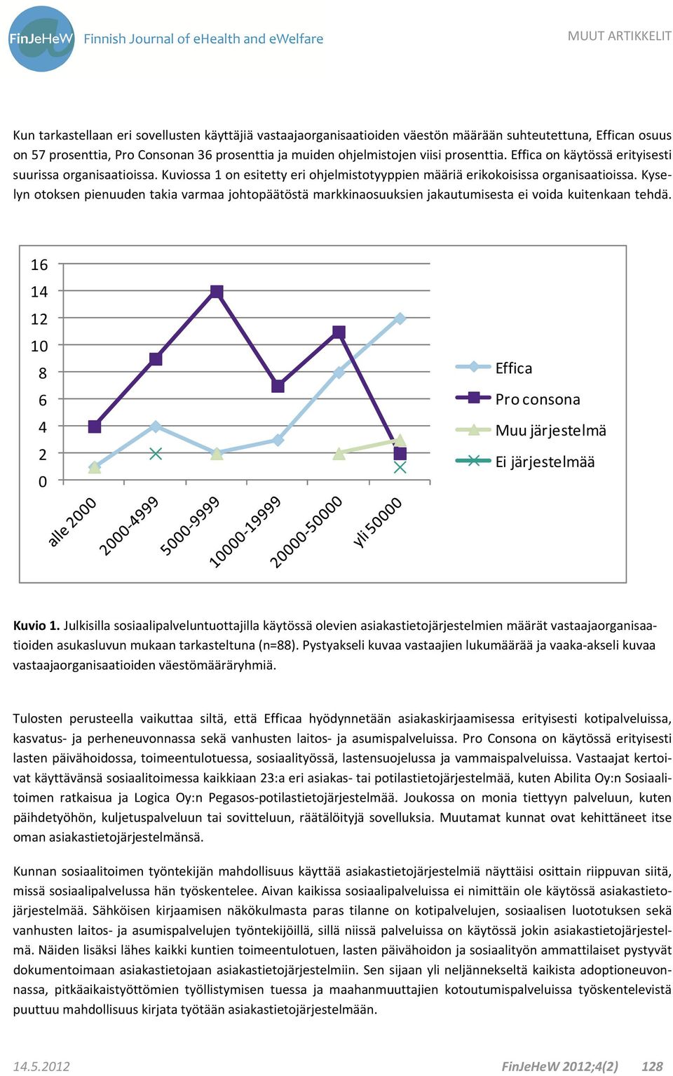 Kyselyn otoksen pienuuden takia varmaa johtopäätöstä markkinaosuuksien jakautumisesta ei voida kuitenkaan tehdä. 16 14 12 10 8 6 4 2 0 Effica Pro consona Muu järjestelmä Ei järjestelmää Kuvio 1.