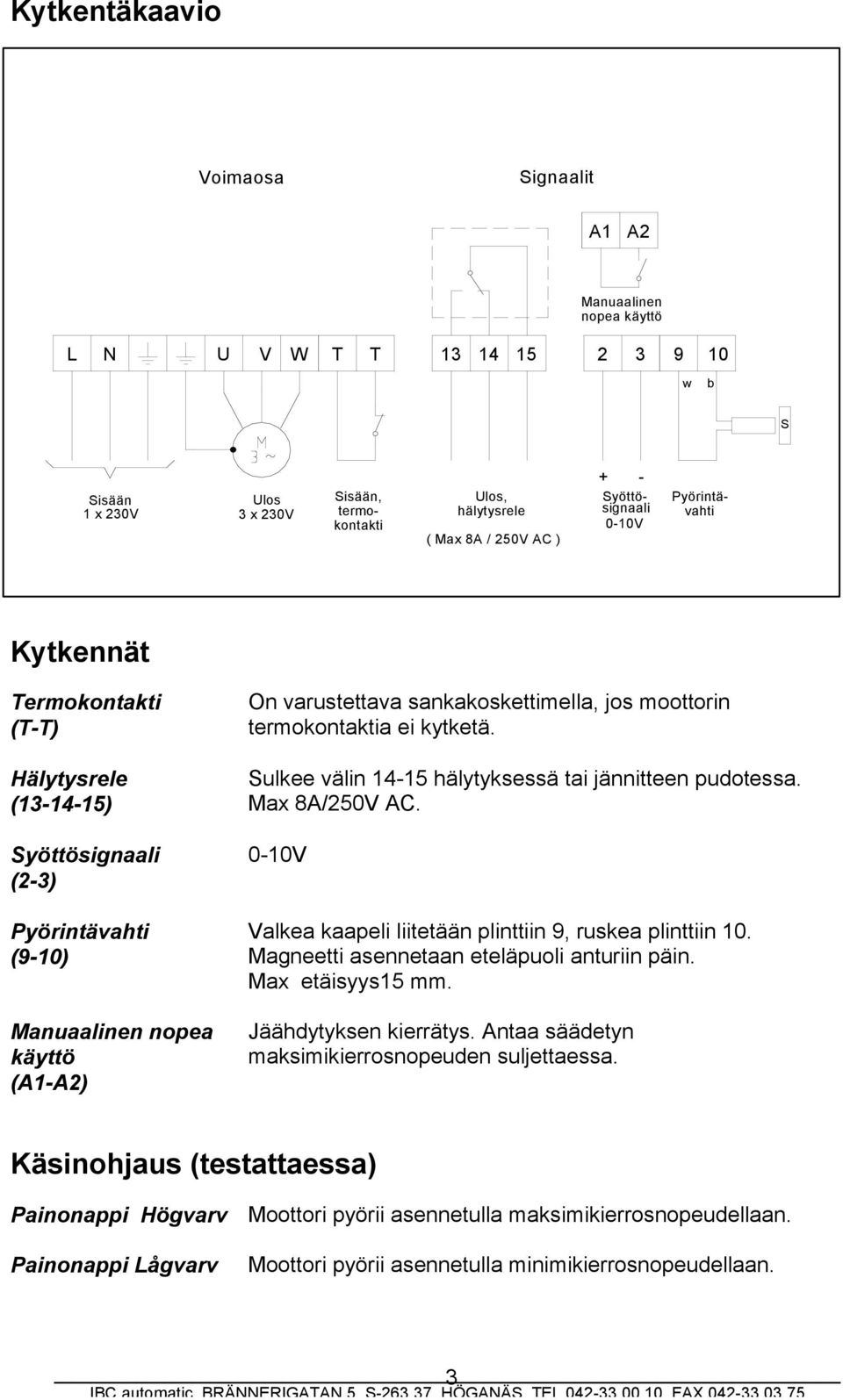 sankakoskettimella, jos moottorin termokontaktia ei kytketä. Sulkee välin 14-15 hälytyksessä tai jännitteen pudotessa. Max 8A/250V AC. 0-10V Valkea kaapeli liitetään plinttiin 9, ruskea plinttiin 10.