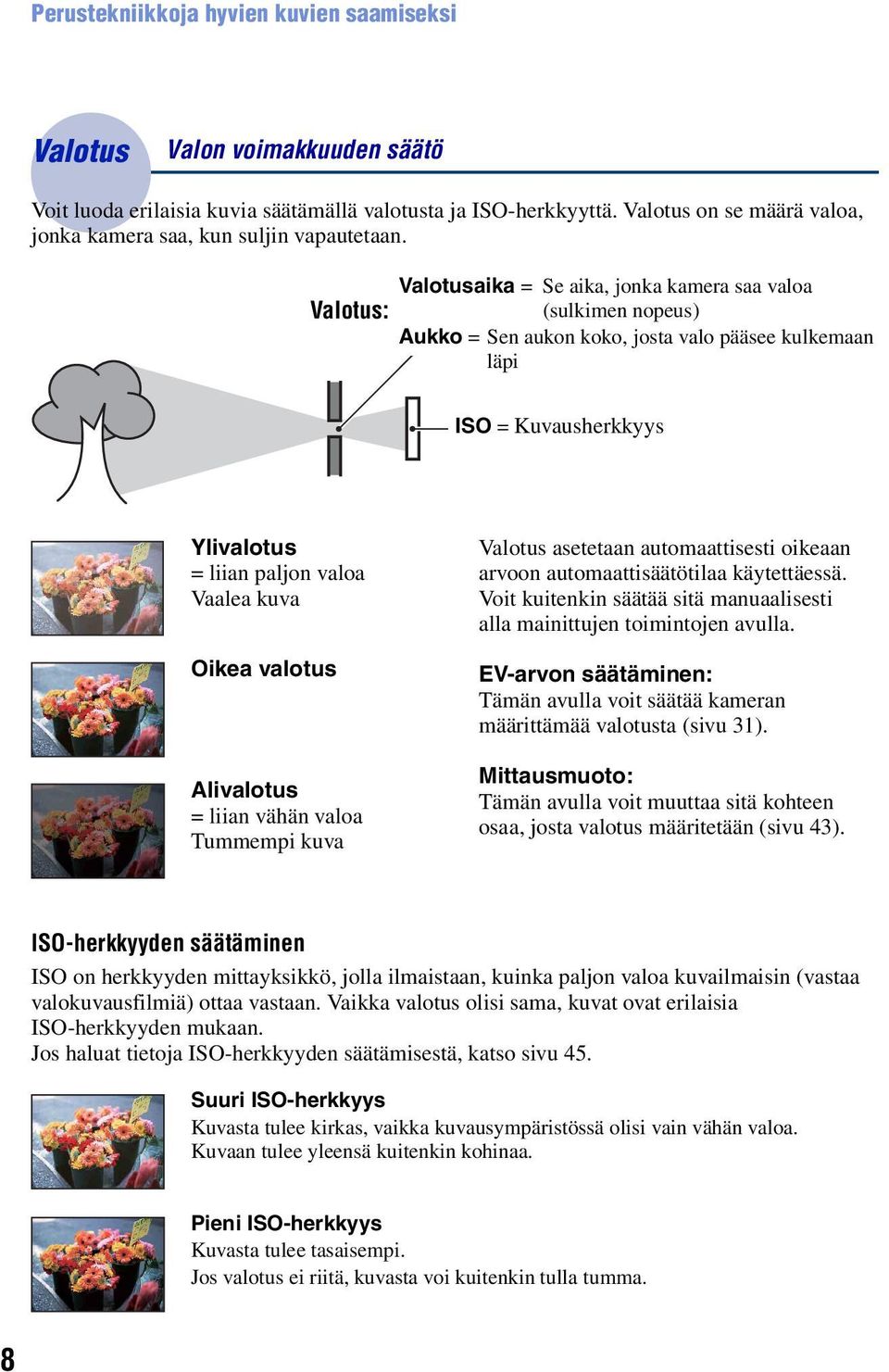 Valotusaika = Se aika, jonka kamera saa valoa Valotus: (sulkimen nopeus) Aukko = Sen aukon koko, josta valo pääsee kulkemaan läpi ISO = Kuvausherkkyys Ylivalotus = liian paljon valoa Vaalea kuva