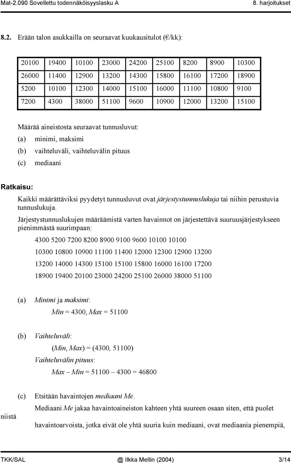 0900 000 300 500 Määrää aieitota euraavat tuuluvut: (a) miimi, makimi vaihteluväli, vaihteluväli pituu (c) mediaai Ratkaiu: Kaikki määrättäviki pyydetyt tuuluvut ovat järjetytuulukuja tai iihi