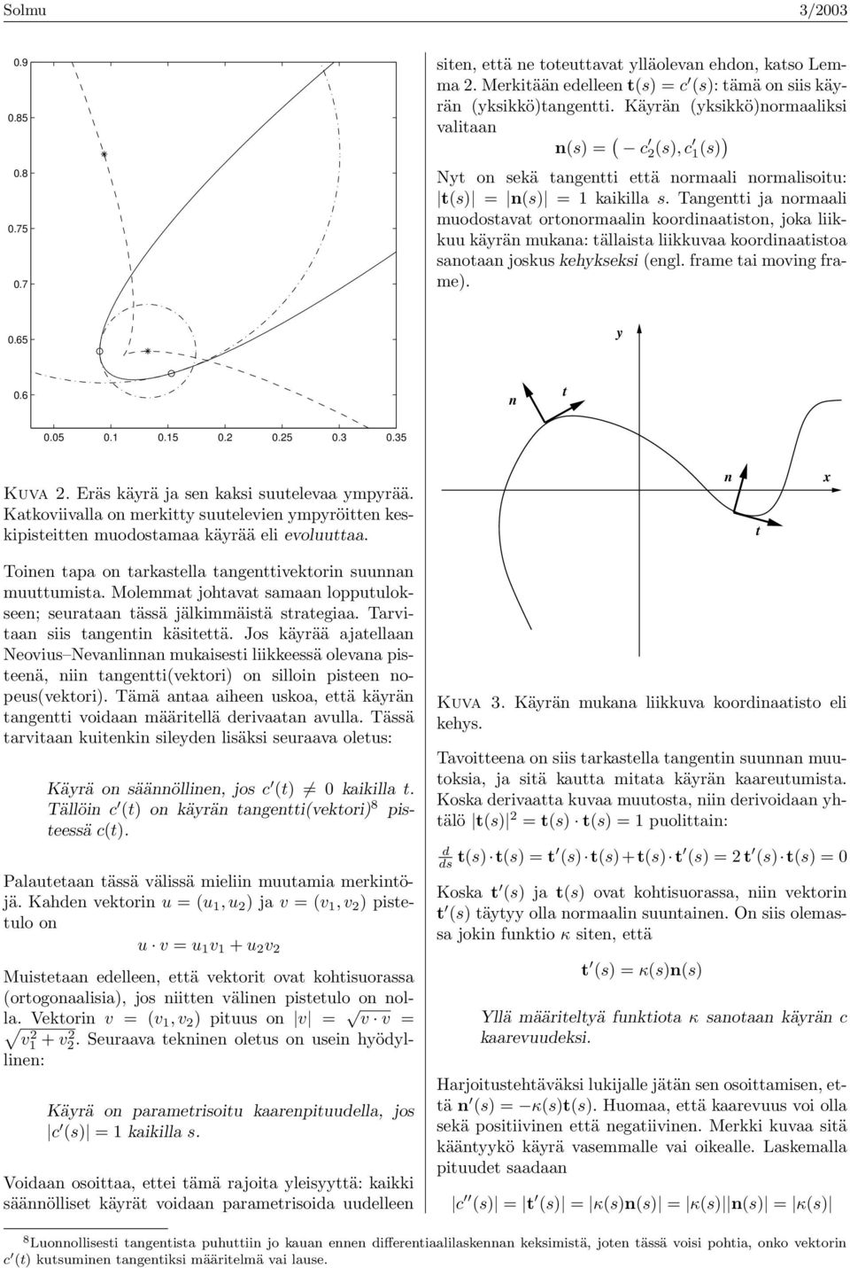 Tngentti j normli muodostvt ortonormlin koordintiston, jok liikkuu käyrän mukn: tällist liikkuv koordintisto snotn joskus kehykseksi (engl. frme ti moving frme). 0.65 y 0.6 n t 0.05 0.1 0.15 0.2 0.