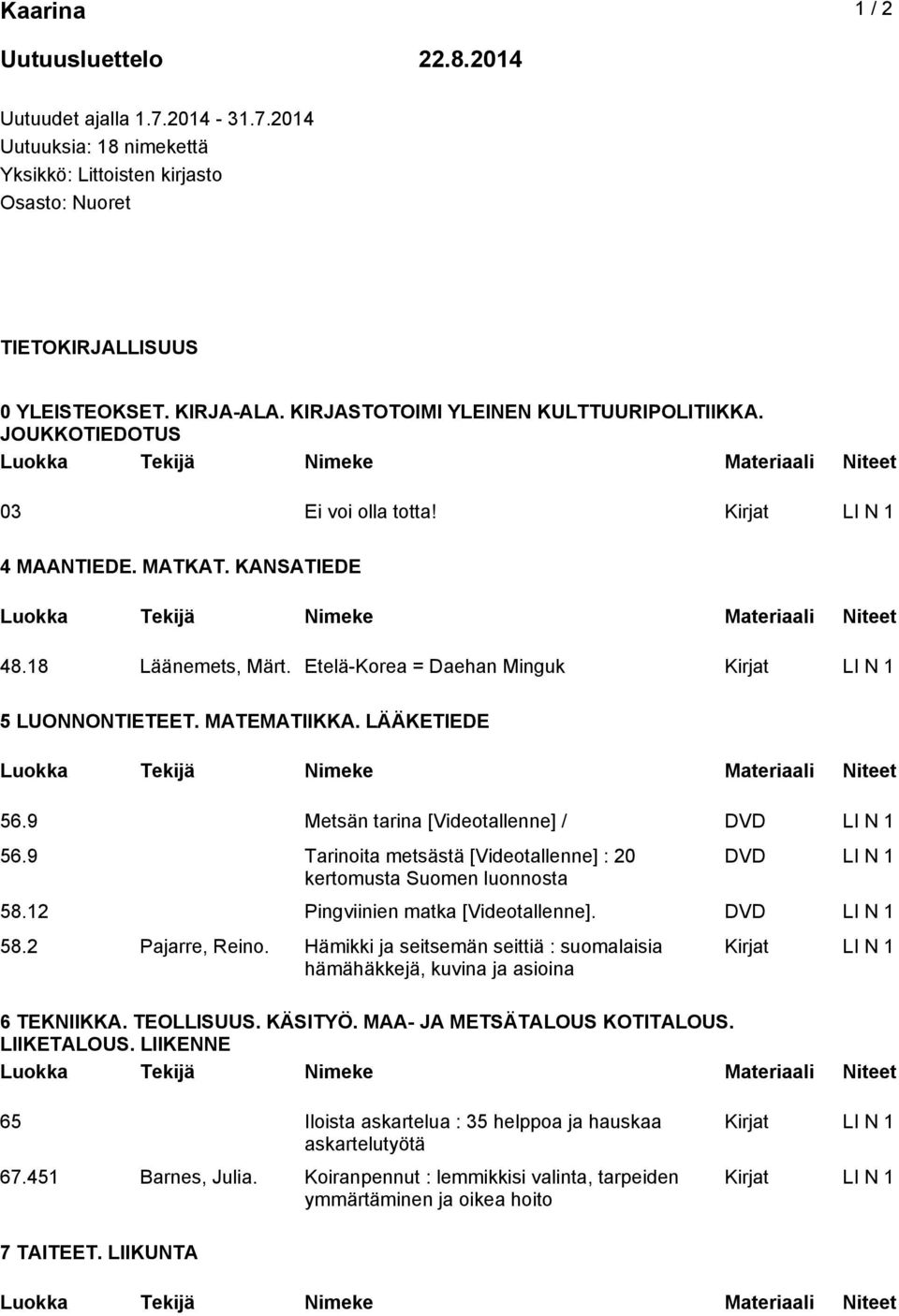 LÄÄKETIEDE 56.9 Metsän tarina [Videotallenne] / DVD LI N 1 56.9 Tarinoita metsästä [Videotallenne] : 20 kertomusta Suomen luonnosta DVD LI N 1 58.12 Pingviinien matka [Videotallenne]. DVD LI N 1 58.2 Pajarre, Reino.