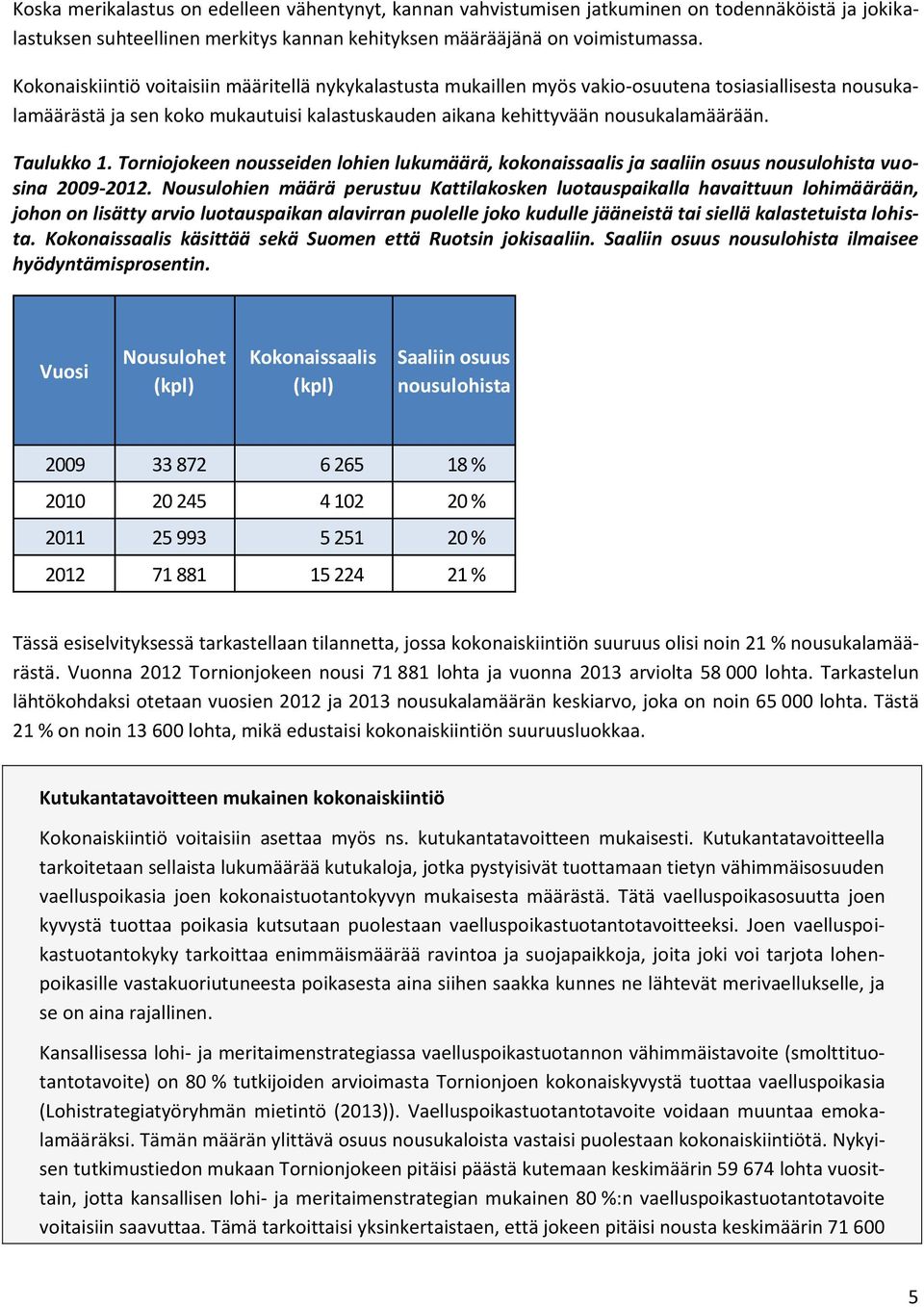 Taulukko 1. Torniojokeen nousseiden lohien lukumäärä, kokonaissaalis ja saaliin osuus nousulohista vuosina 2009-2012.