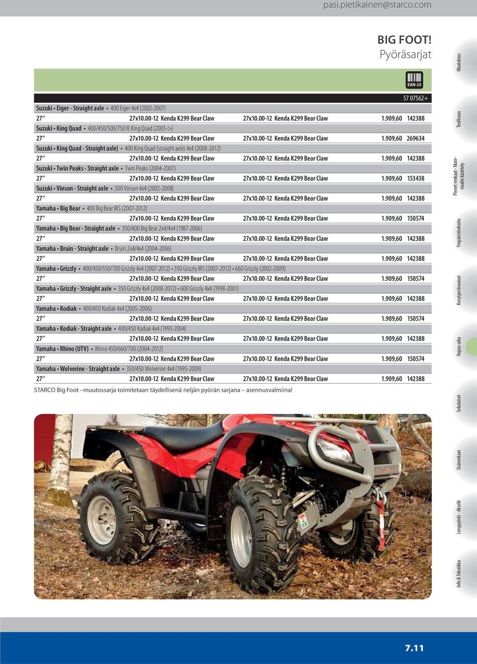 909,60 269634 Suzuki King Quad - Straight axle) 400 King Quad (straight axle) 4x4 (2008-2012) Suzuki Twin Peaks - Straight axle Twin Peaks (2004-2007) 27 27x10.