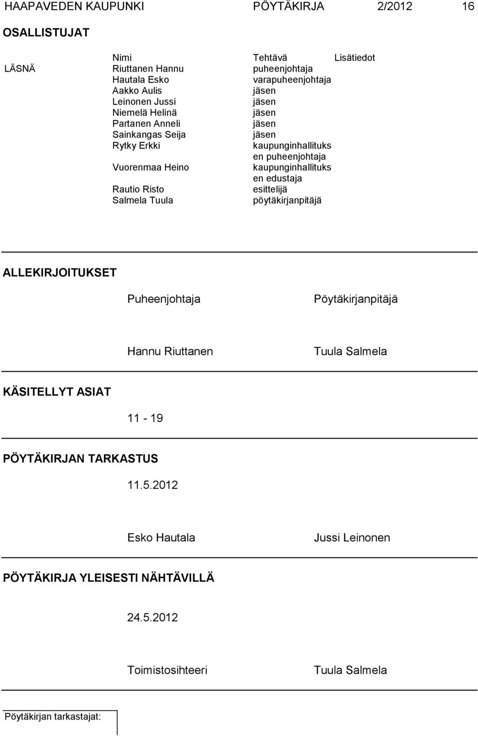 kaupunginhallituks en edustaja Rautio Risto esittelijä Salmela Tuula pöytäkirjanpitäjä ALLEKIRJOITUKSET Puheenjohtaja Pöytäkirjanpitäjä Hannu Riuttanen Tuula