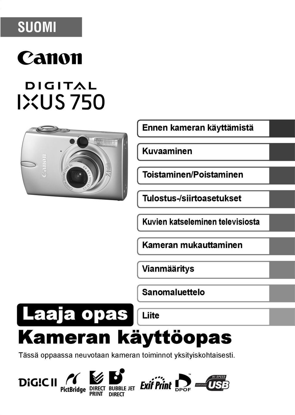 mukauttaminen Vianmääritys Sanomaluettelo Laaja opas Liite Kameran