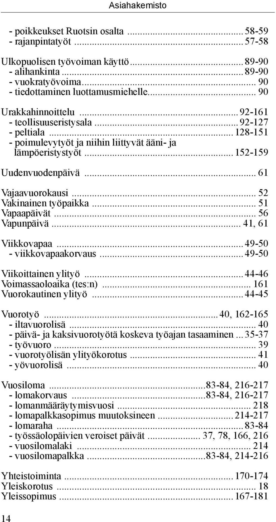 .. 52 Vakinainen työpaikka... 51 Vapaapäivät... 56 Vapunpäivä... 41, 61 Viikkovapaa...49-50 viikkovapaakorvaus...49-50 Viikoittainen ylityö...44-46 Voimassaoloaika (tes:n)... 161 Vuorokautinen ylityö.