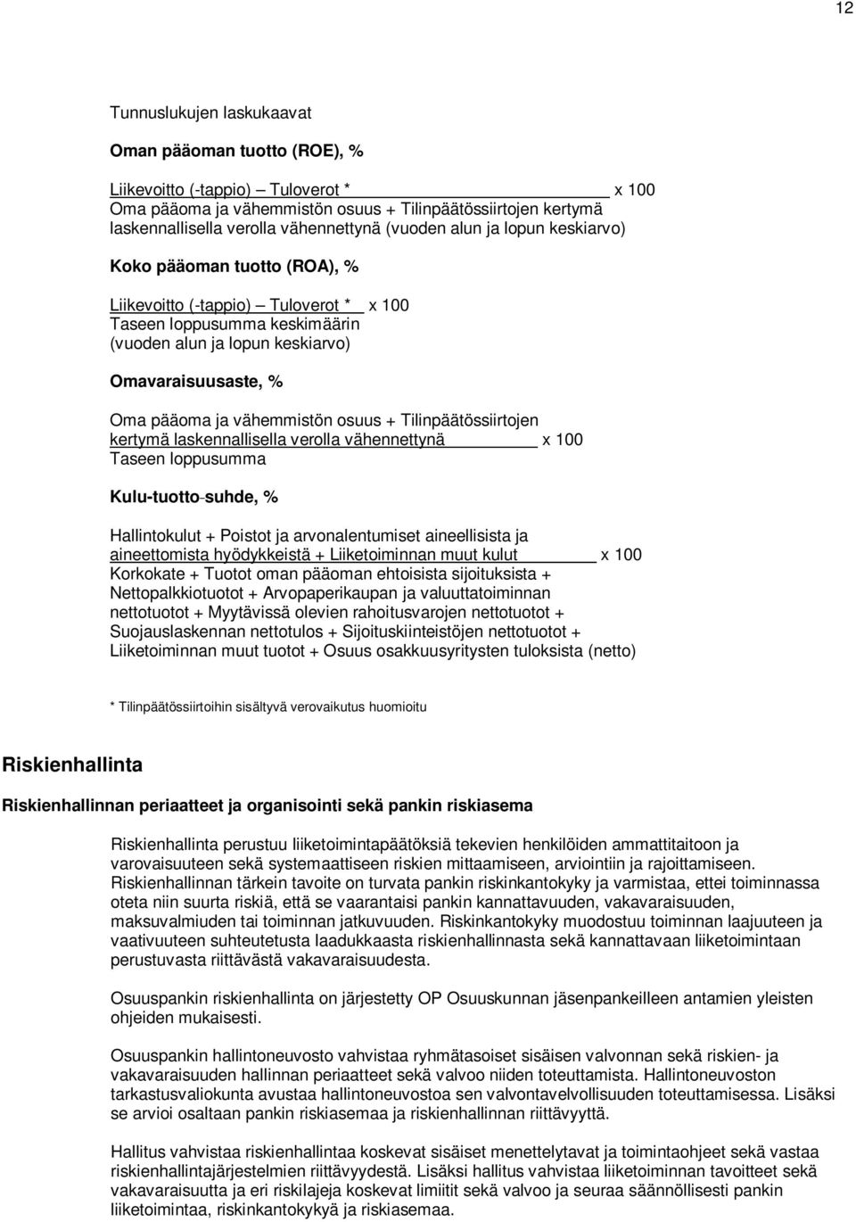 vähemmistön osuus + Tilinpäätössiirtojen kertymä laskennallisella verolla vähennettynä x 100 Taseen loppusumma Kulu-tuotto suhde, % Hallintokulut + Poistot ja arvonalentumiset aineellisista ja