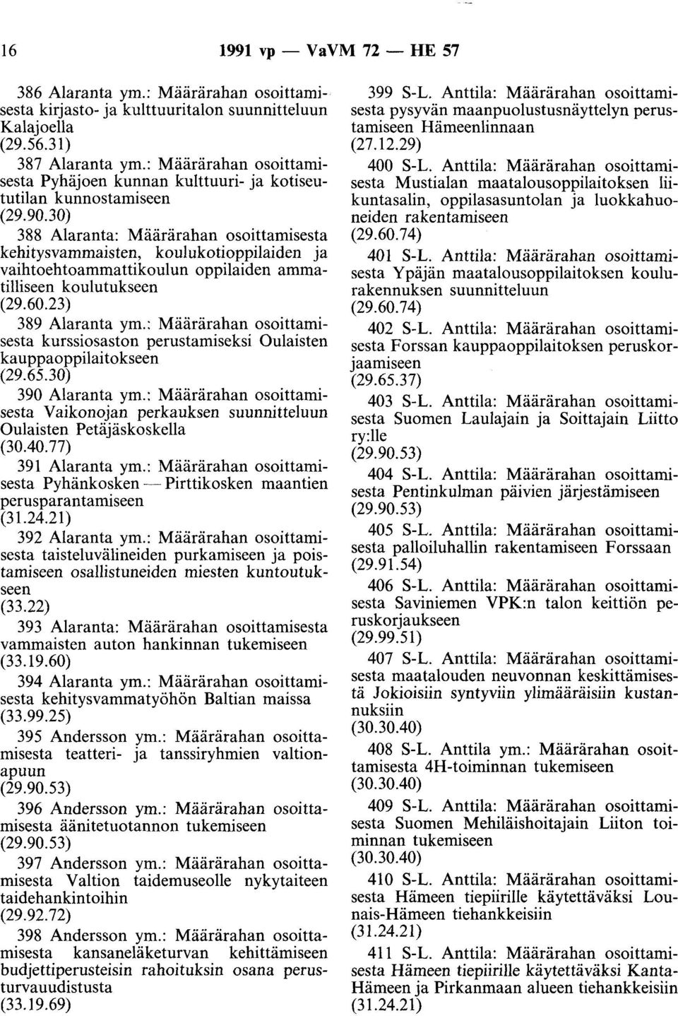 30) 388 Alaranta: Määrärahan osoittamisesta kehitysvammaisten, koulukotioppilaiden ja vaihtoehtoammattikoulun oppilaiden ammatilliseen koulutukseen (29.60.23) 389 Alaranta ym.