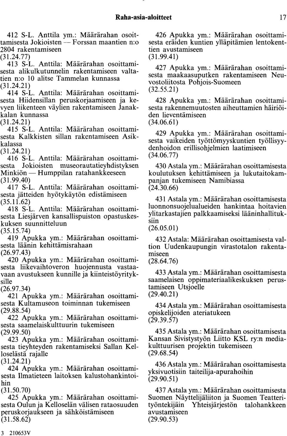 Anttila: Määrärahan osoittamisesta Hiidensillan peruskorjaamiseen ja kevyen liikenteen väylien rakentamiseen Janakkalan kunnassa 415 S-L.