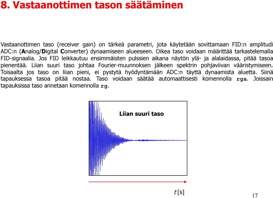 Jos FID leikkautuu ensimmäisten pulssien aikana näytön ylä- ja alalaidassa, pitää tasoa pienentää.