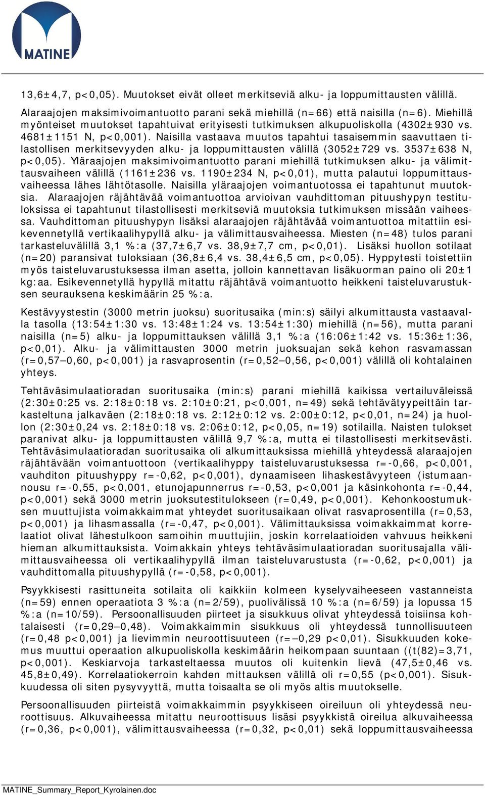 Naisilla vastaava muutos tapahtui tasaisemmin saavuttaen tilastollisen merkitsevyyden alku- ja loppumittausten välillä (3052±729 vs. 3537±638 N, p<0,05).